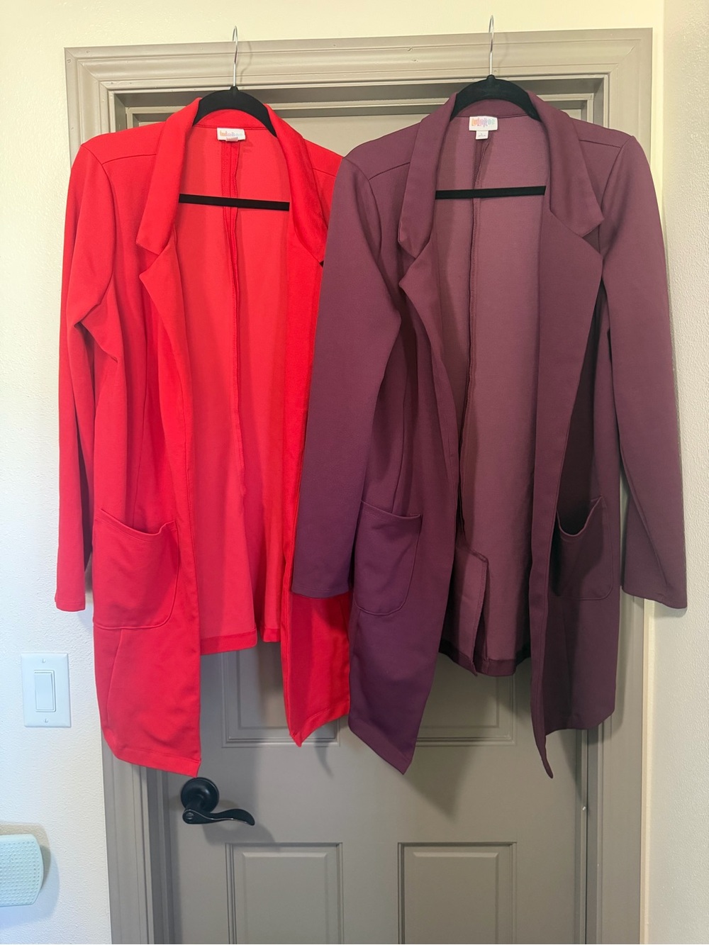 LOT OF 2-LuLaRoe Open Front Long Blazers - Red and Plum size L